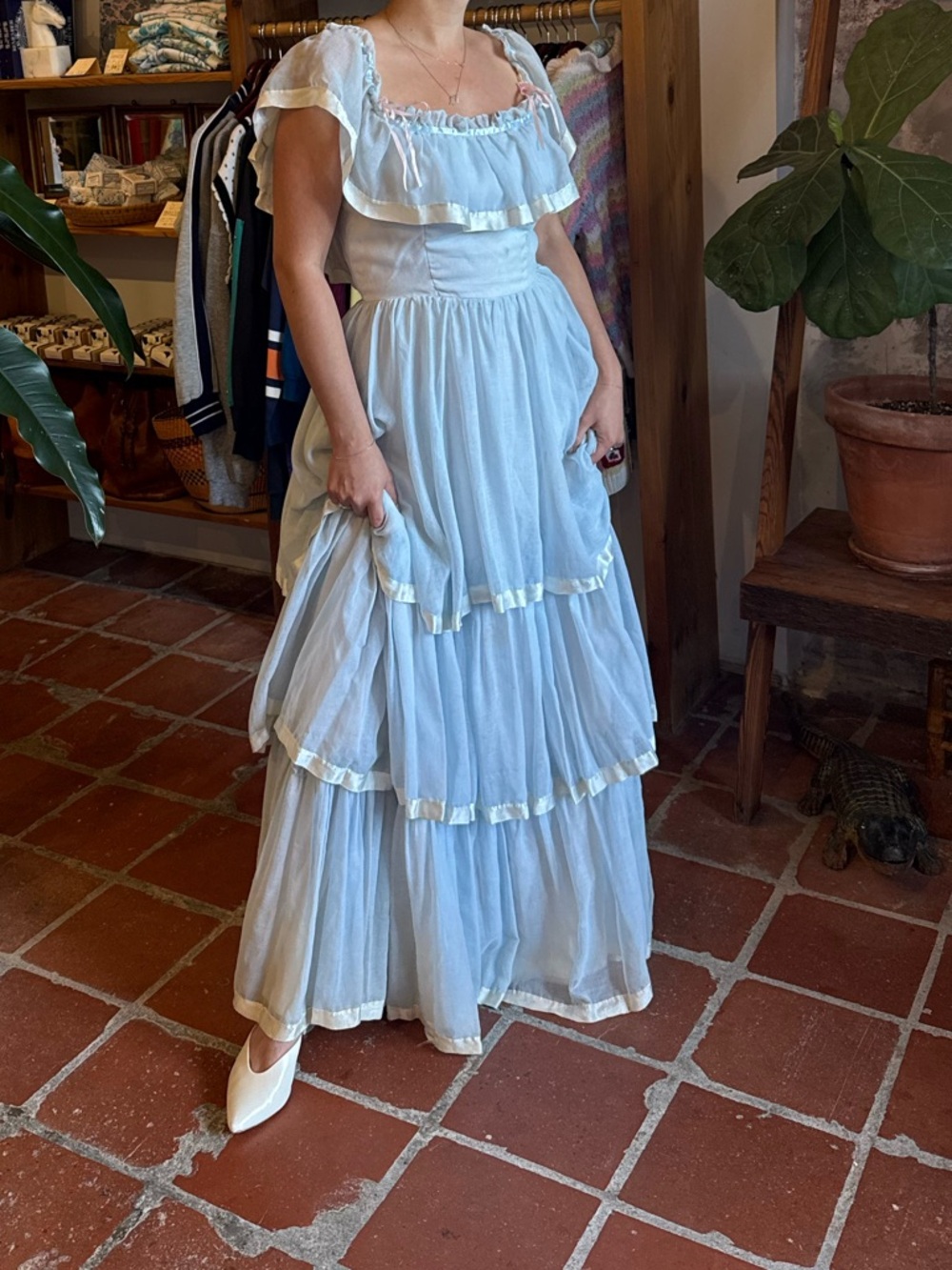 VTG 70s Made in USA Prairie Southern Belle Dress Princess Gown Tiered Blue - Picture 2 of 10